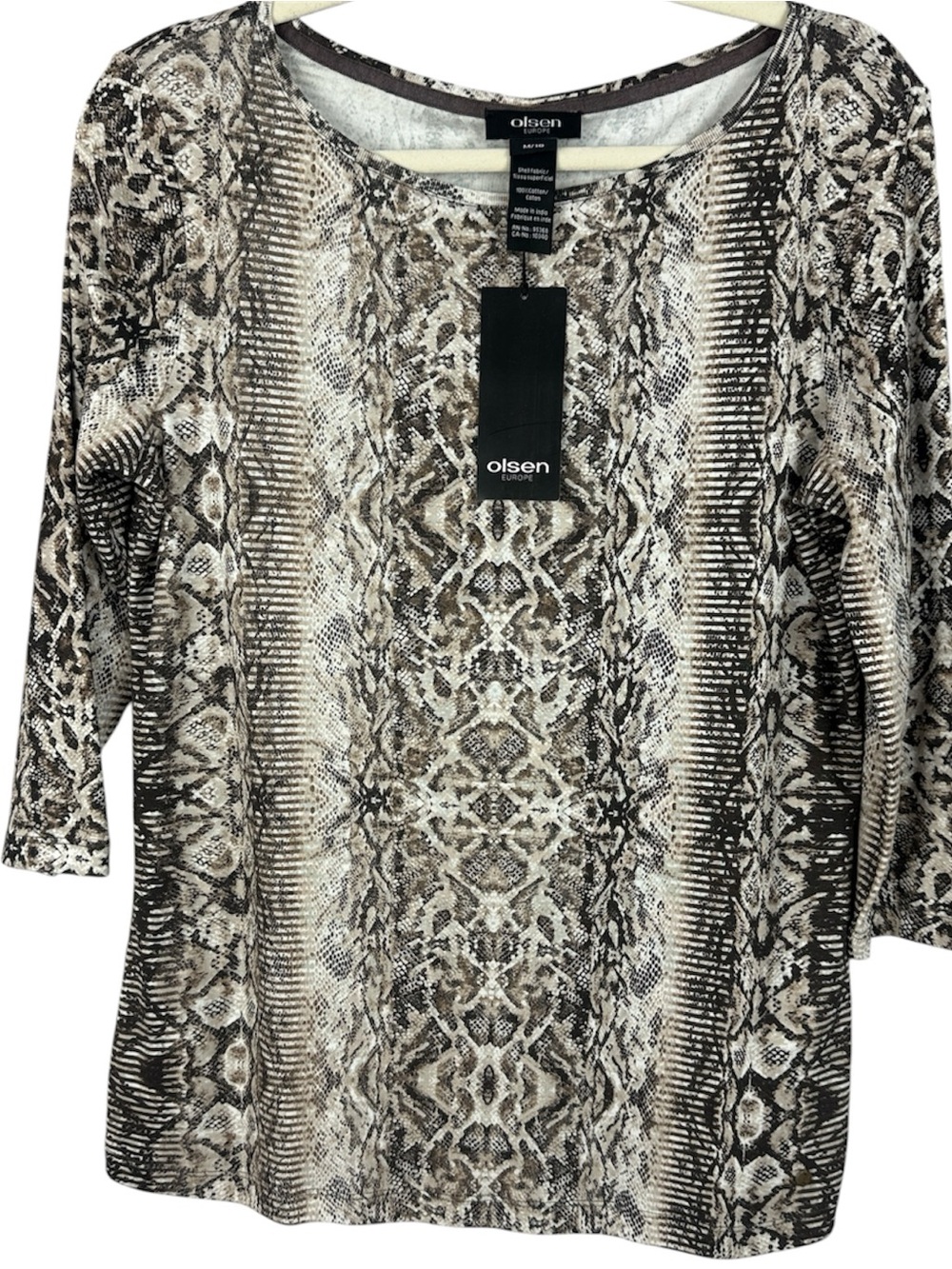 Olsen Europe Snakeskin Print 100% Cotton 3/4 Sleeve Top - Size M/10 NWT